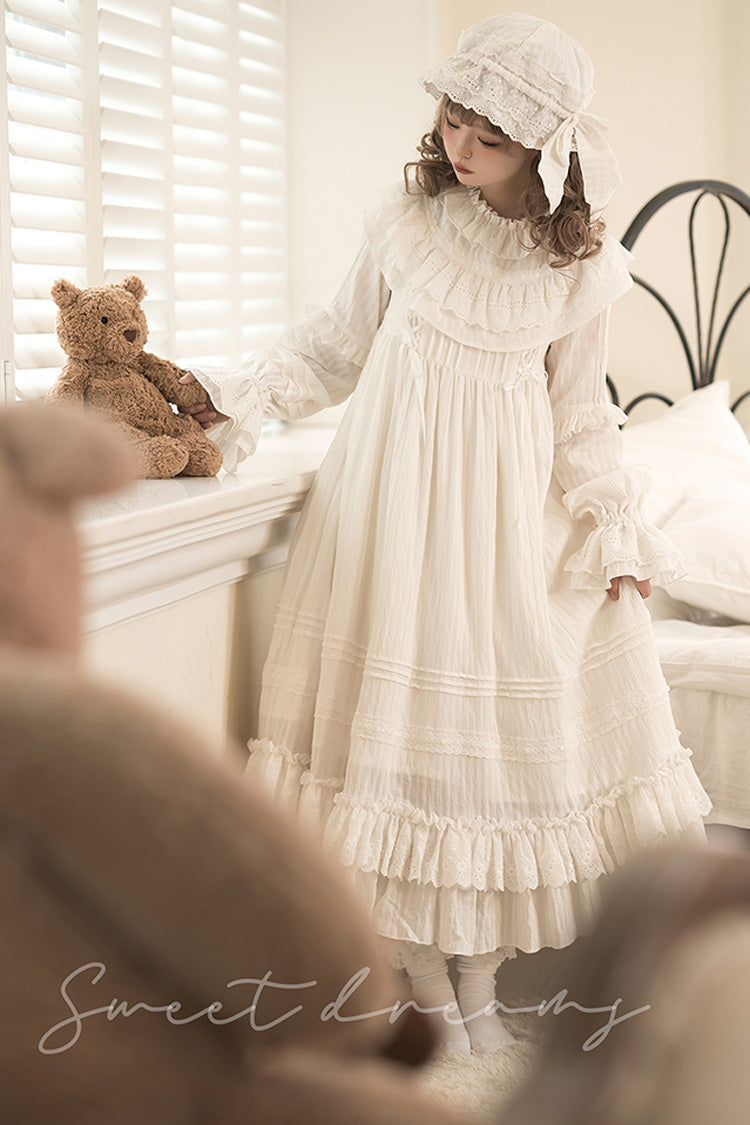 Ivory Long Sleeve Double Ruffle Bow Lace-Up Holy Dress
