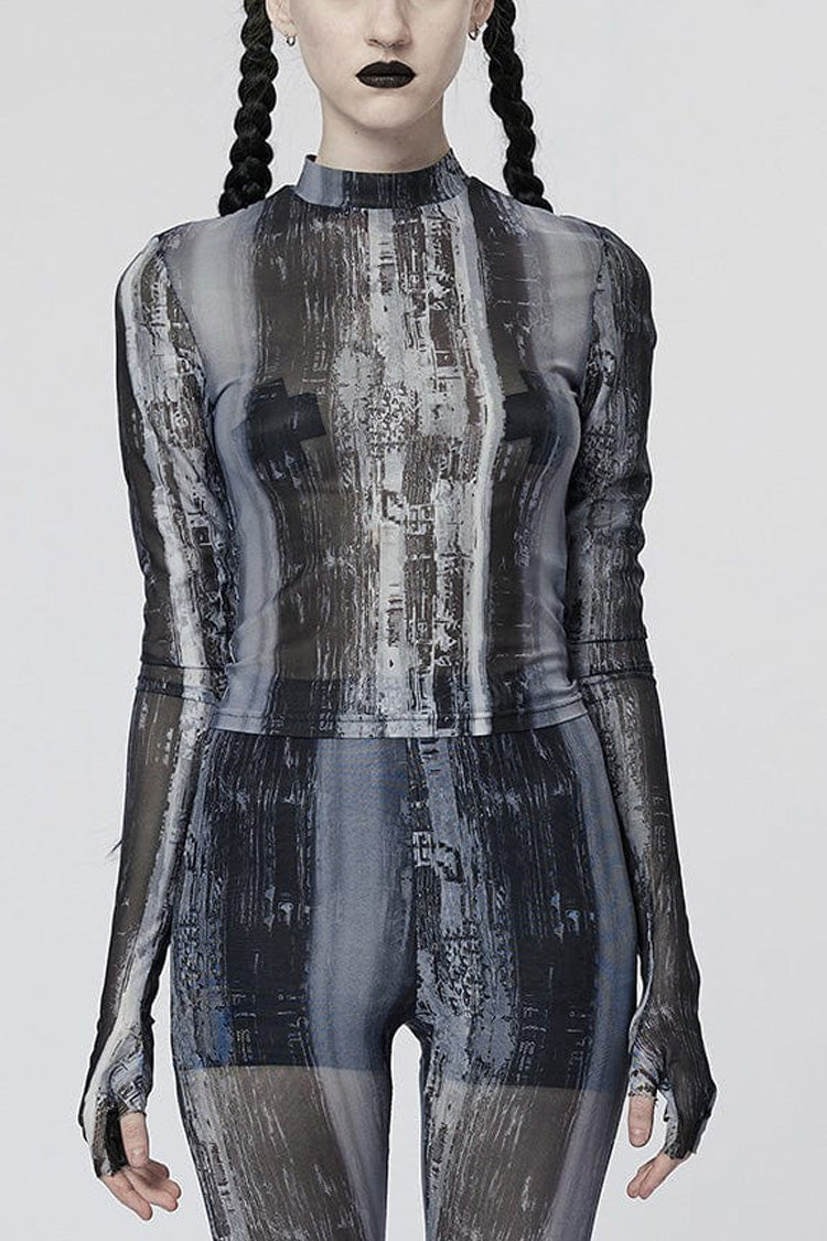 Tie-dye Mesh Long Sleeve Steampunk Graphic Tee