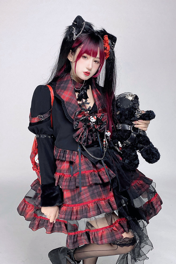 Crimson & Noir Punk Bow Accent Lolita Tiered Mini Dress with Japanese Rock Vibe