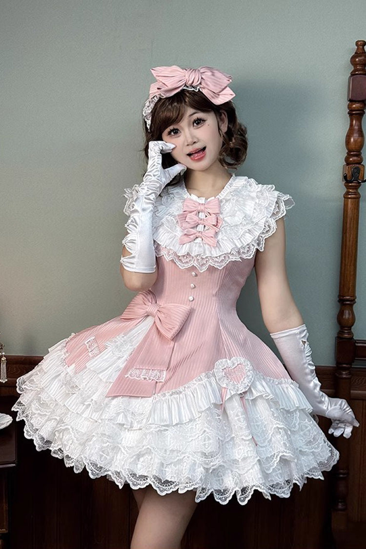 Pink Asymmetric Lace Bow Sleeveless Multi-Layer Ruffle Sweet Lolita Dress - Miss Tsundere
