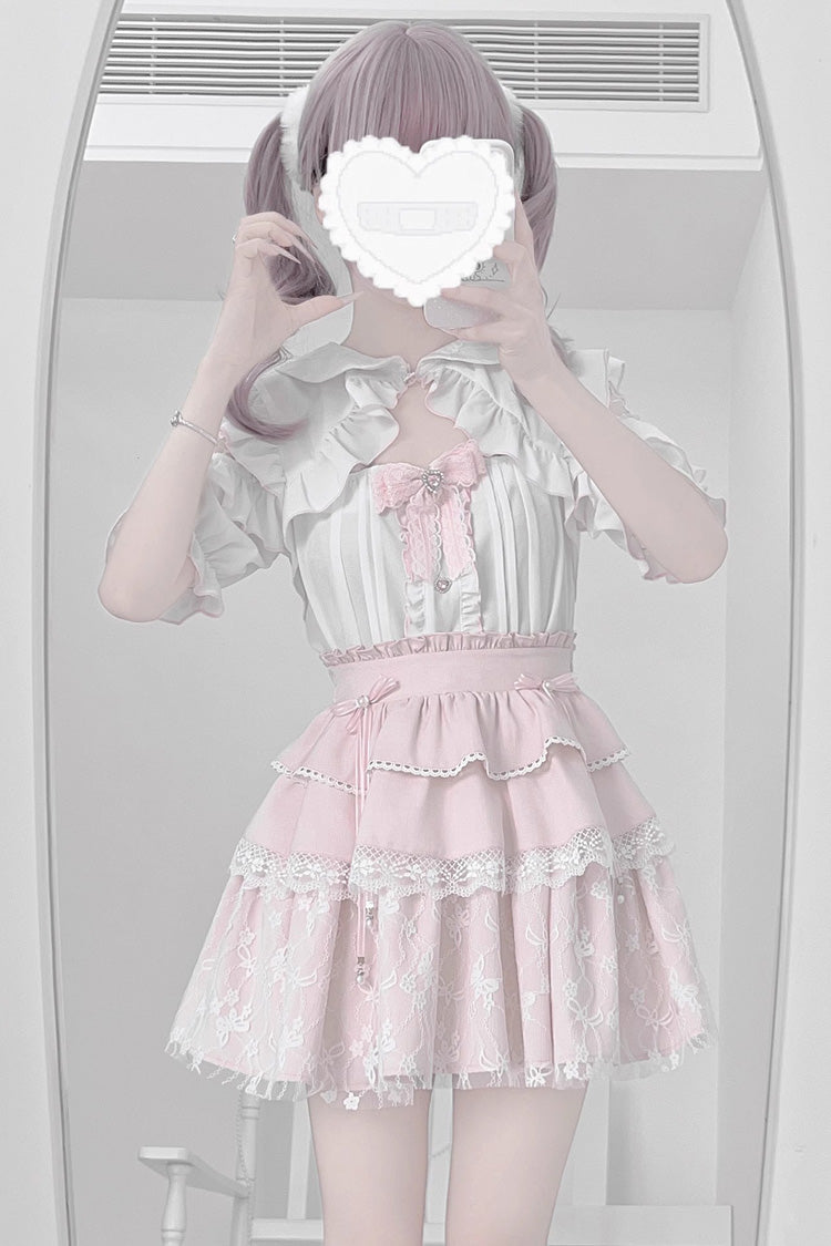 Pale Pink & White Short-Sleeve Triple Ruffled Bow Lace Jirai Kei Skirt Ensemble