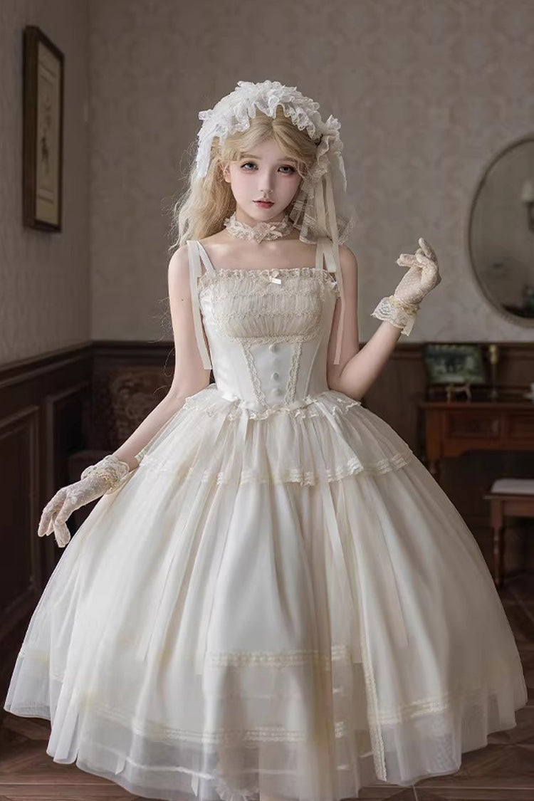 Cream Letters Poems Confession Square Collar Sleeveless Frilled Bow Lace Fishbone Sweet Lolita JSK Dress Two Variants