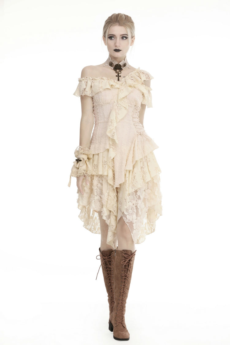 Beige Irregular Multi-Layer Ruffled Lace Steampunk Vintage Dress