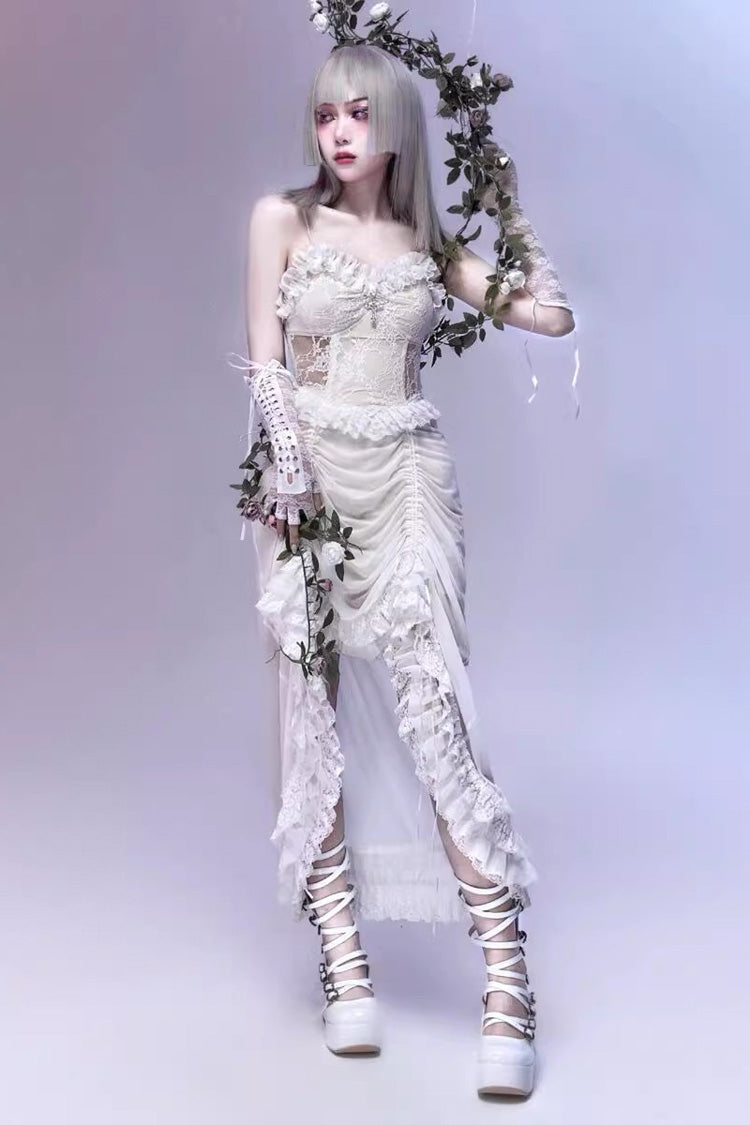 Ivory Drawstring Pleated Gothic JSK Dress with Embroidery - Redemption of the Deity