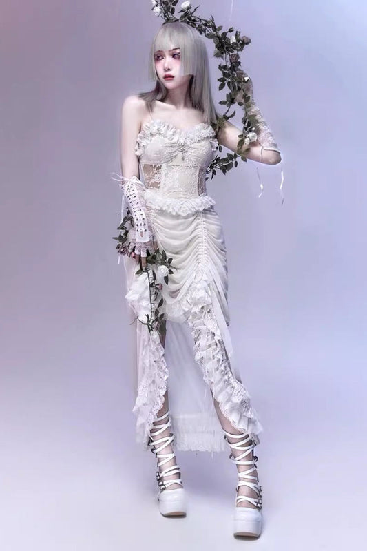 Ivory Drawstring Pleated Gothic JSK Dress with Embroidery - Redemption of the Deity
