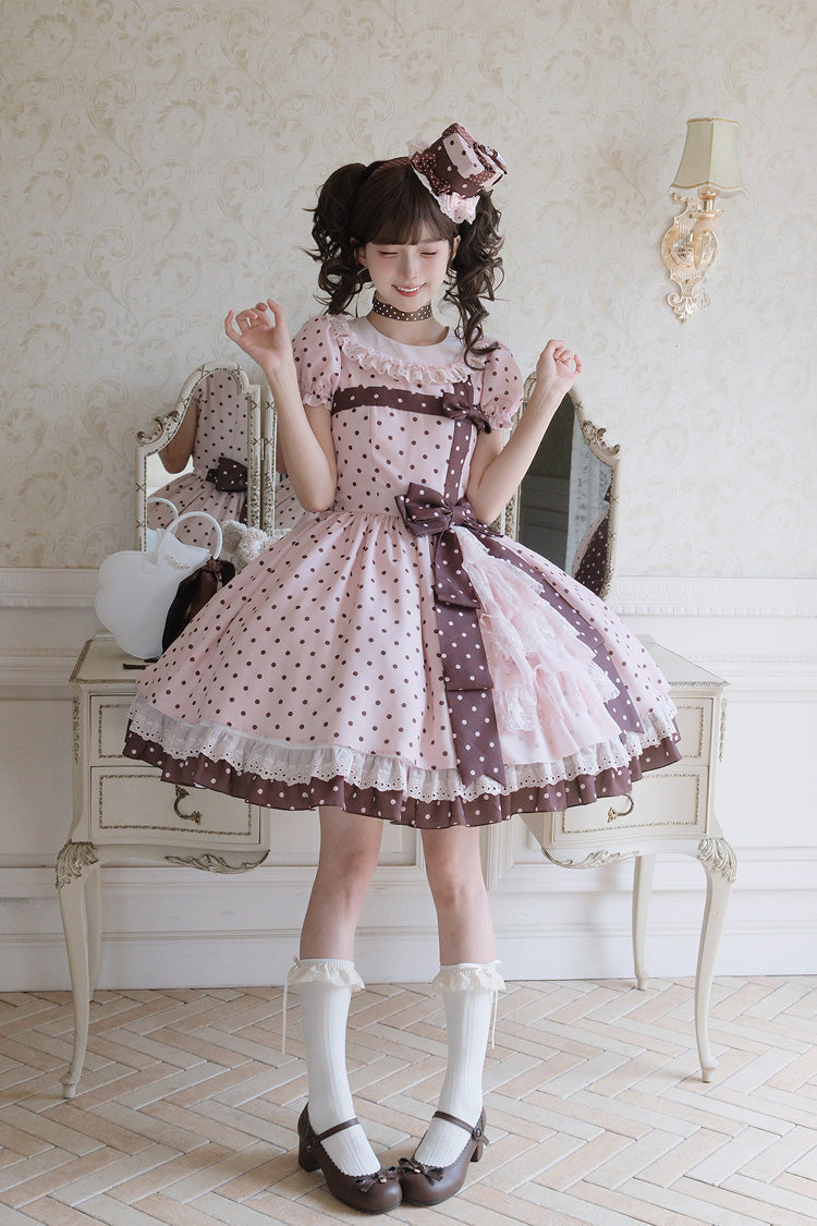 Canelé Gift Box Round Collar Short Sleeves Double-Layered Printed Polka Dot Ruffled Open-Front Bow Asymmetric Sweet Lolita Dress - Pink