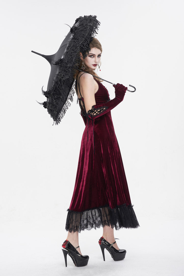 Crimson Lace-Up Hem Slip Gothic Dress
