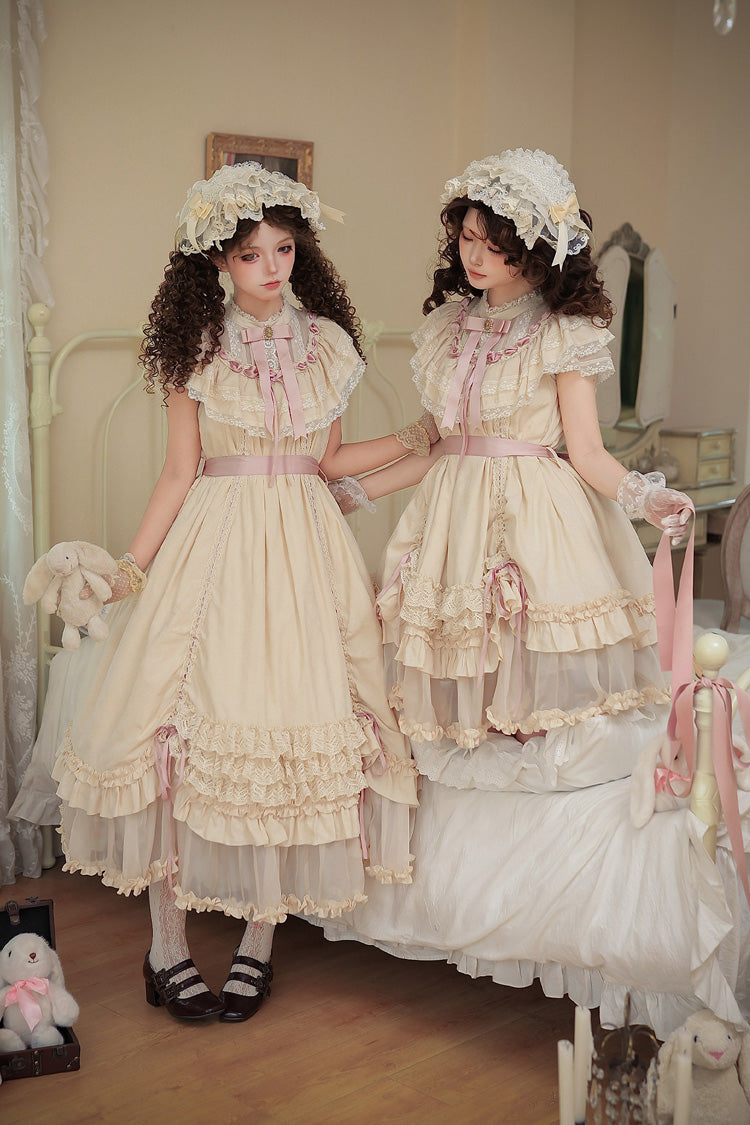 Apricot Sweet Lolita Dress with Stand Collar Short Sleeves Loose Doll-Like Ruffled Bow Lace