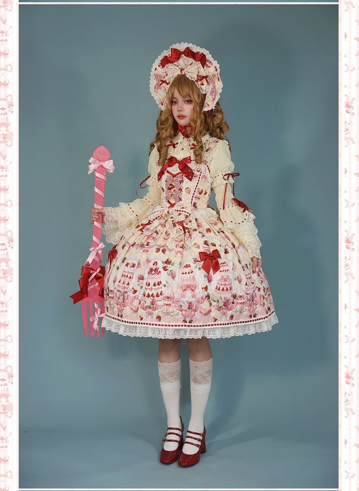 Set Sweet / Accents Full Bow Desserts Lolita and JSK Print Yellow Strawberry
