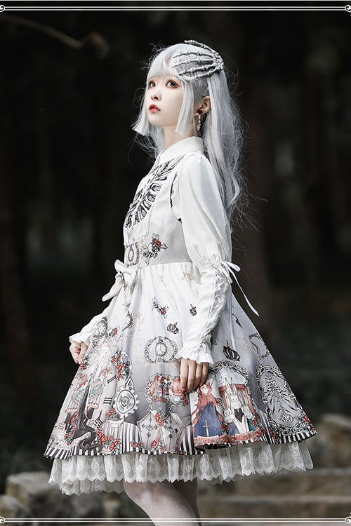 Black Fairy Tale Print JSK Dress with Lapel Collar