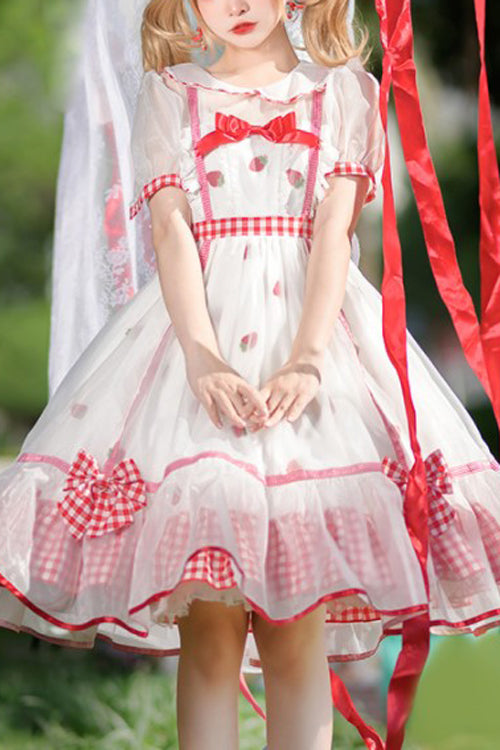 Ivory and Red Round Collar Short Sleeve High-Waist Strawberry Print Sweet Lolita Dress