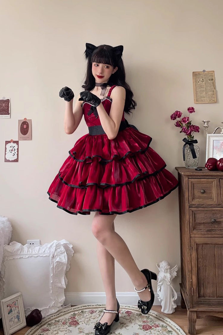 Gothic Sleeveless JSK with Contrasting Rose Hues and Wide Tiered Skirt in 3 Colorways