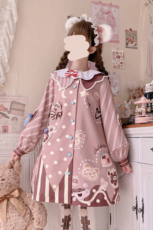 Pink Bear-Print Lantern-Sleeve OP Dress with Lapel Collar