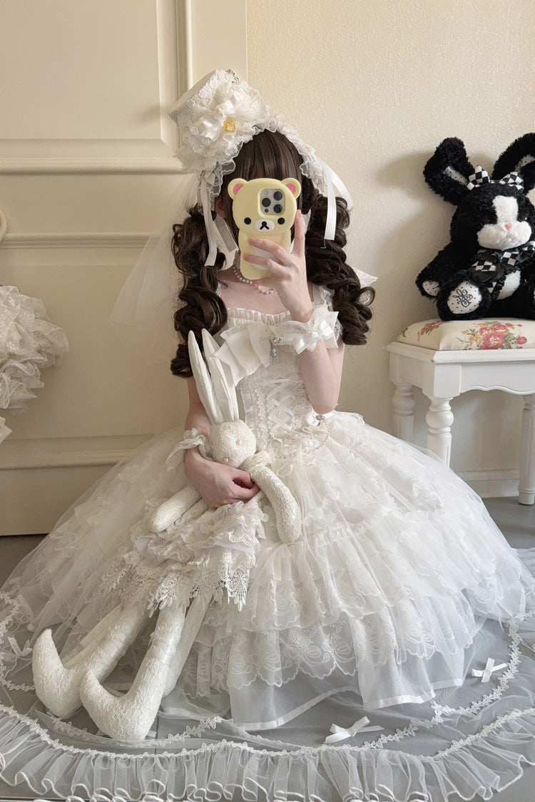 Ivory Sleeveless Multi Ruffle Bridal Bow Lace-Up JSK