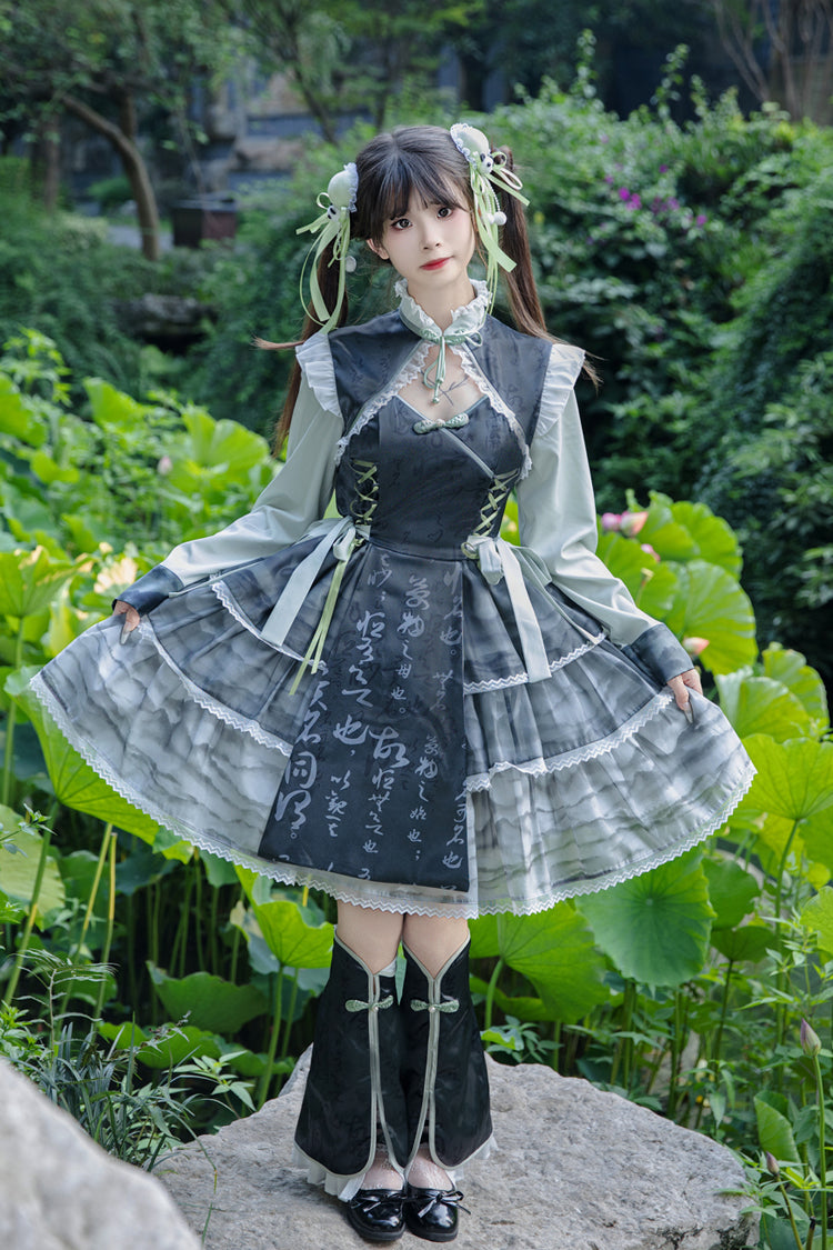 Cheongsam Ink Print Multilayer Bow Sweet Chinese Lolita Jumper Dress 2 Colors