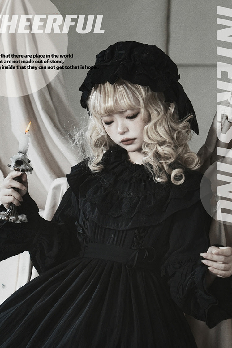 Good Night Black Long Sleeves Double-Layered Ruffle Bowknot Lace-Up Gothic Dress