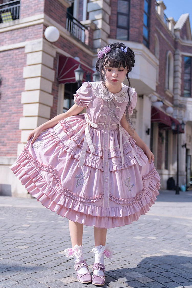 Pink Iris-Print Ruffled Dress with Short Sleeves and Embroidery