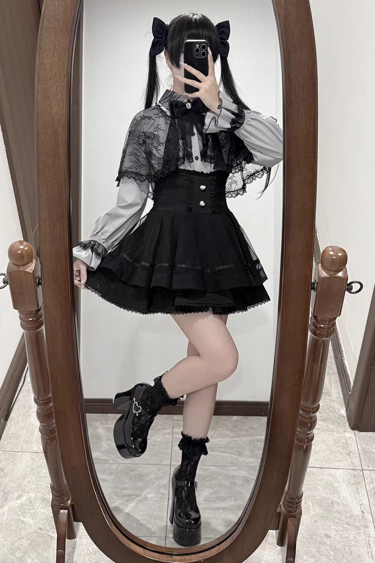 [Law of Disorder] Lapel Collar Long Sleeves Bow Lace Sweet Jirai Kei Skirt and Top 3 Colors