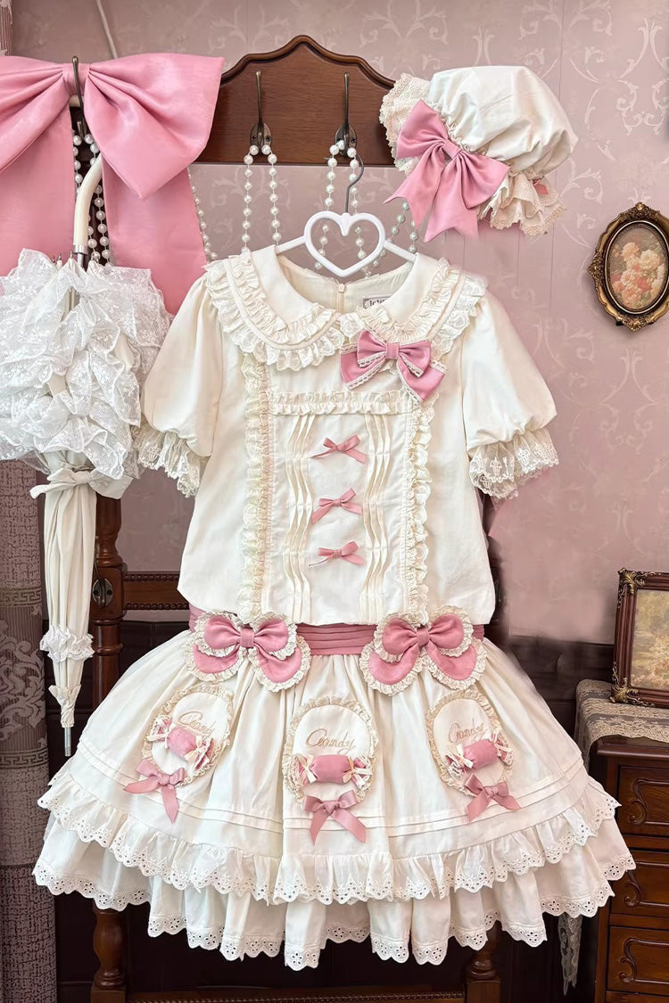 Adorable Apricot Doll Collar Short Sleeve Ruffled Bow Lolita OP Dress
