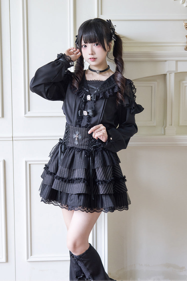 Navy Collar Bowknot Lace Long Sleeve Jirai Blouse in Three Colors
