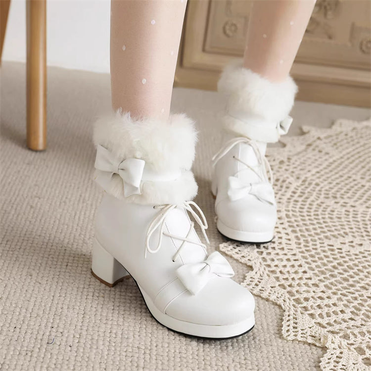 Cozy Fleece-Lined Bow Lace-Up Ankle Snow Boots in Two Hues