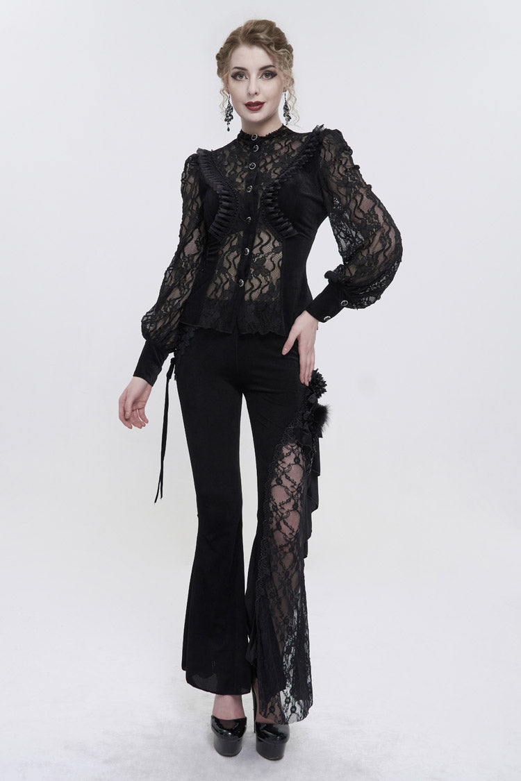 Charcoal Velvet High-Neck Lace Gothic Shirt with Butterfly Embroidery