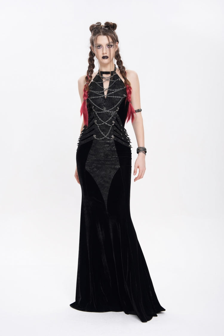 Edgy Black Chain-Strap Sleeveless Rivet Halter Punk Dress