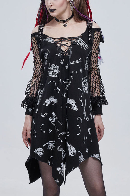 Knit Bone Print Sling Grommet Strap Long Sleeve Gothic Dress