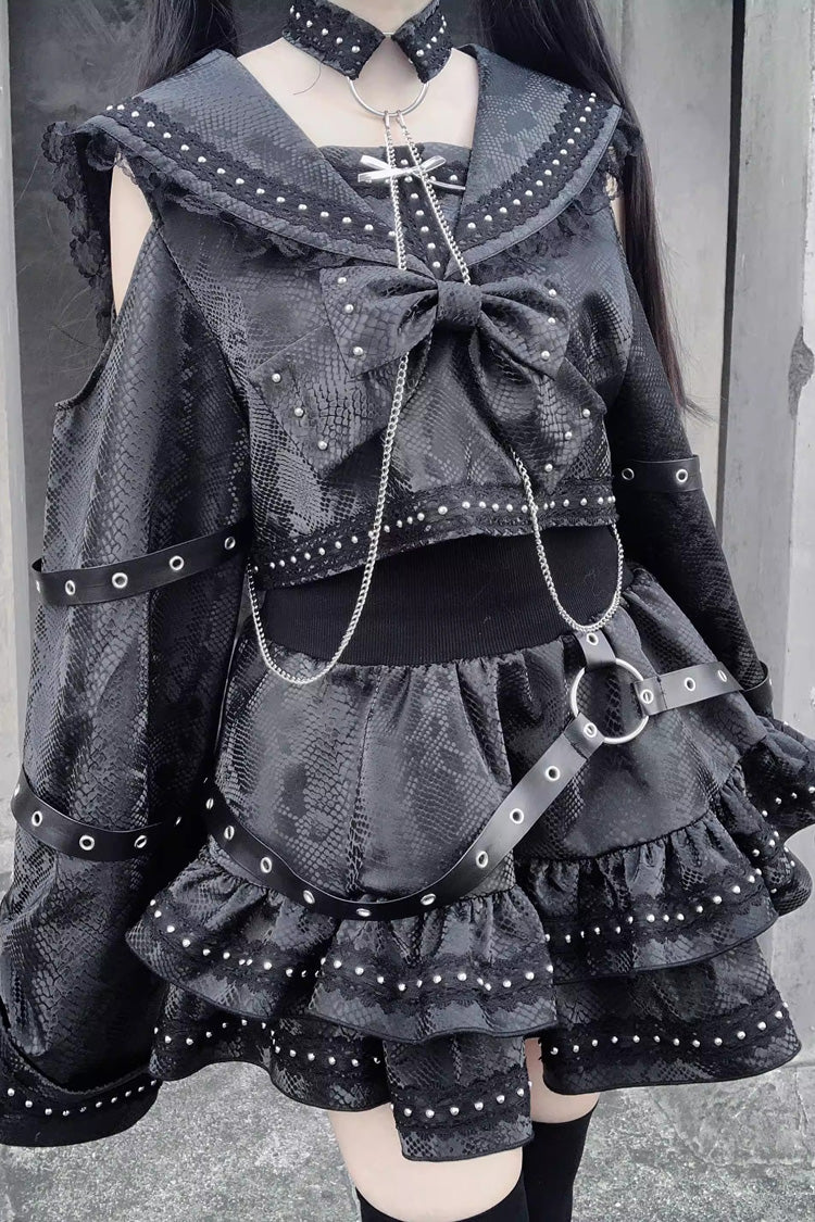 Serpent Navy Collar Snake Printed Studded Gothic Skirt Set