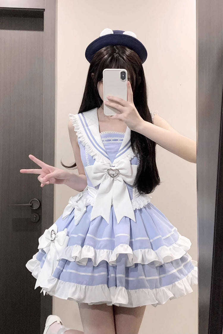 Light Blue Sleeveless Double Layer Lace Sweet Lolita Dress - Ruffled Bowknot