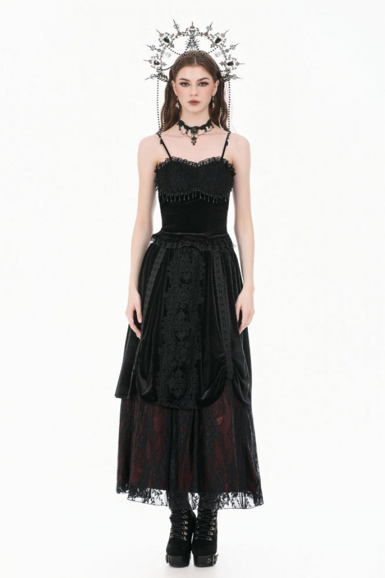 Gothic Vintage Velvet Black Lace Mesh Bustier with Beaded Tassel Drops