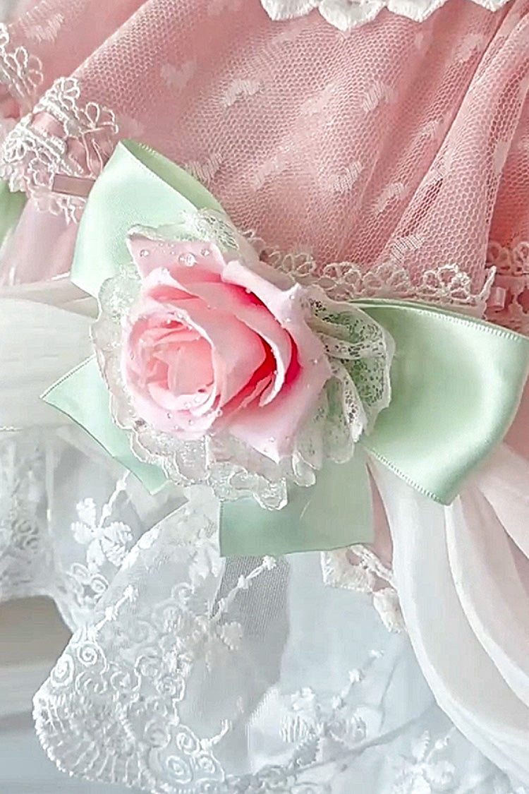 Sleeveless Ruffle Embroidery Bow Lace Pearl Sweet Lolita Jumper Dress - Pink
