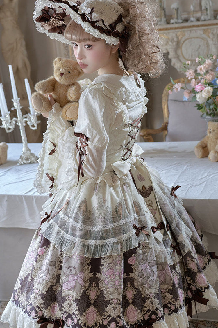 Antique Teddy Bear Sleeveless Print Bow Lace Elegant JSK