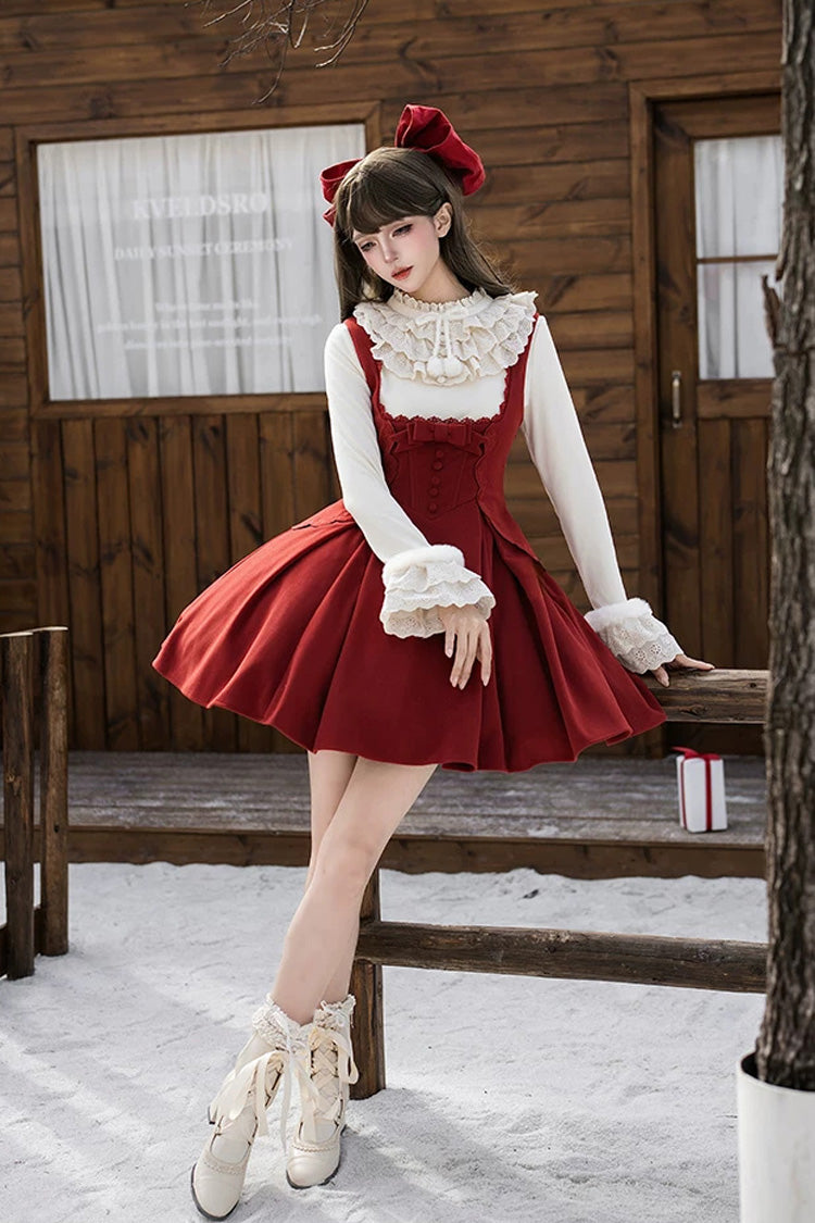 Classic Elegant Lolita Bandeau Dress with Embroidered Bow - Red