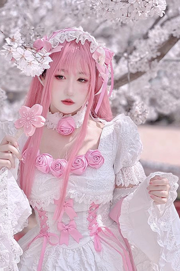 Ivory & Pink Puff-Sleeve Princess Gothic Lolita Tiered Gown