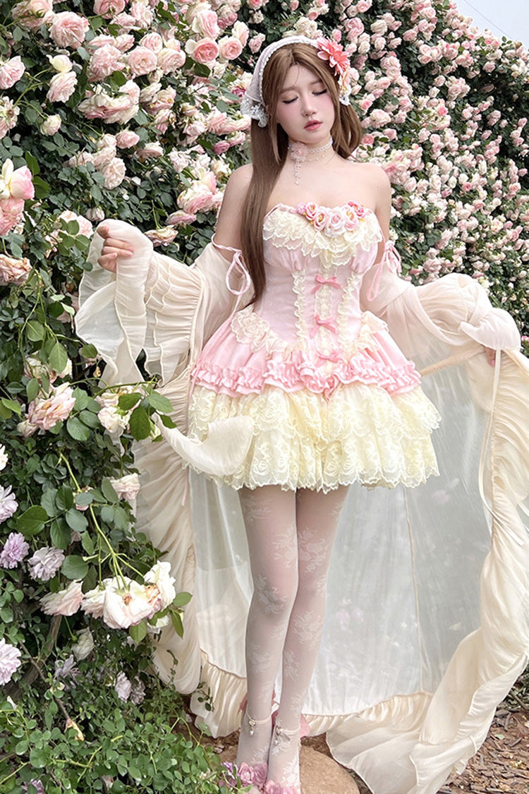 Pink Multi-Layered Ruffled Embroidered Bow Lace Sweet Lolita JSK Dress