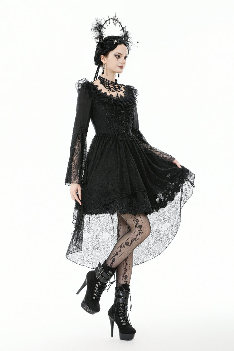 Gothic Black Lace Boat-Neck Trumpet-Sleeve High-Low Hem Elegant Long Gown