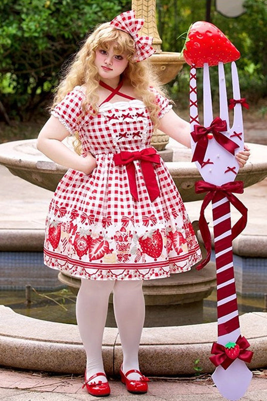 Strawberry Plaid Print Bowknot Sweet Plus Size Princess Red Short Sleeves Dress