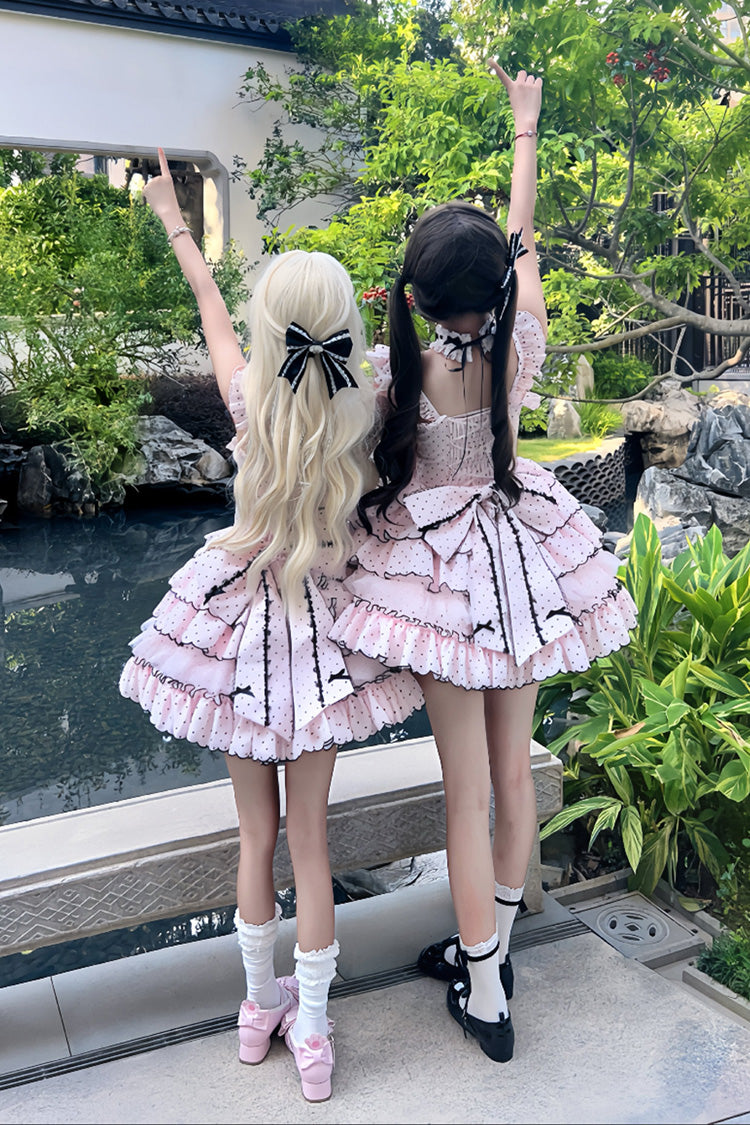 Pink Sleeveless Polka-Dot Multi-Layer Ruffle Bow Sweet Princess JSK Dress