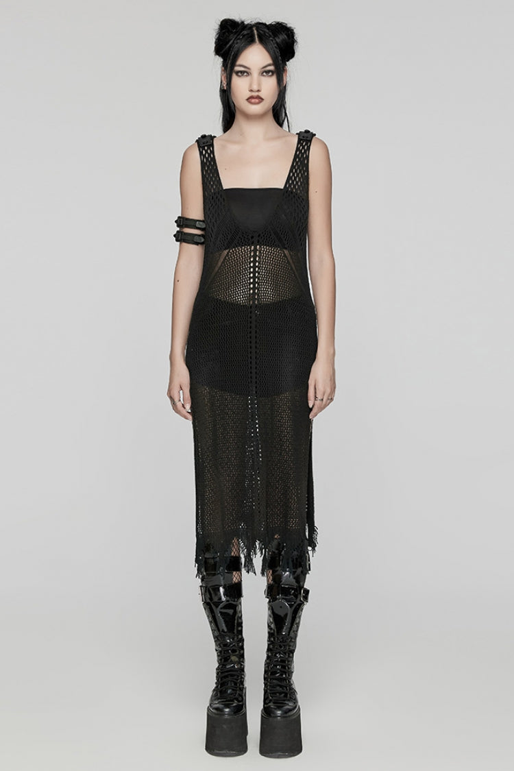 Plunging Mesh Gothic Dress with V-Neck and Sleeveless Cut