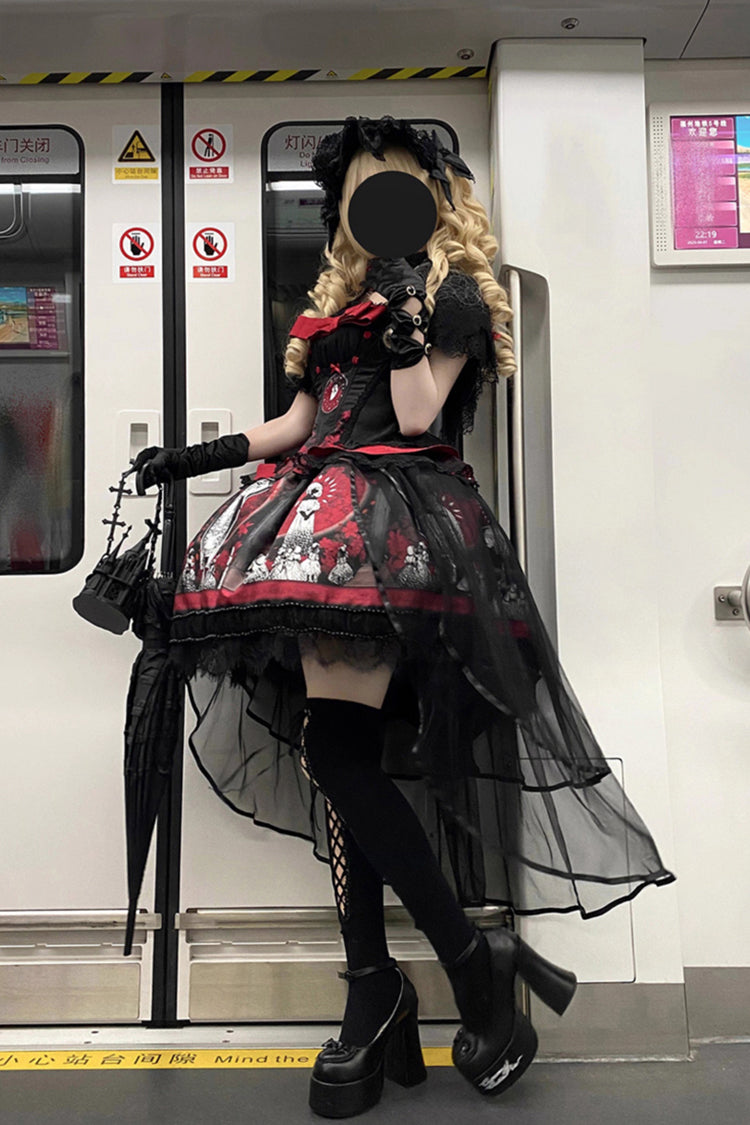 Red Printed Embroidered Gothic Lolita Skirt Dress