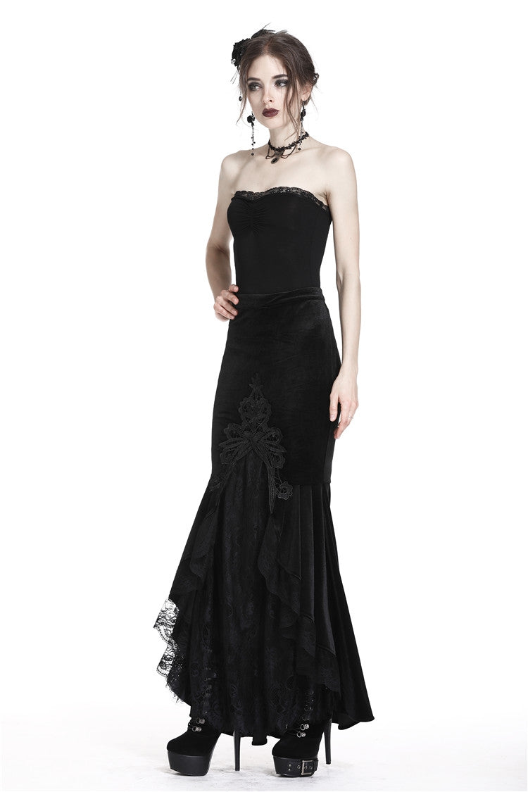 Sable Velour Lace-Trim Gothic Mermaid Skirt
