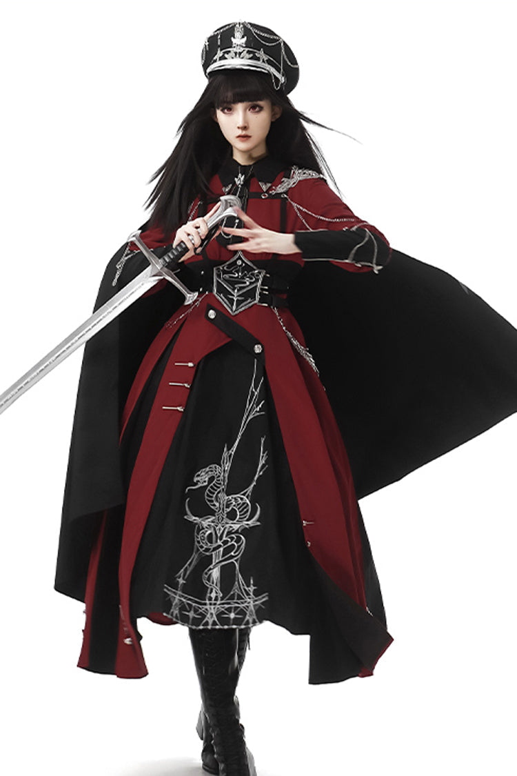 Red Black Metal Chain Print Bow Gothic Military Elegant Lolita Dress