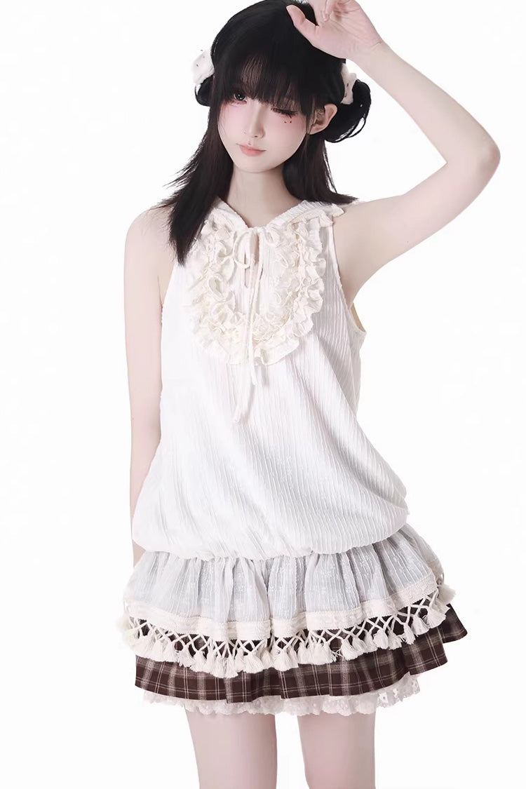 Brown Double-Layer Printed Ruffled Spliced Lace Sweet Skirt - Warm Summer Days