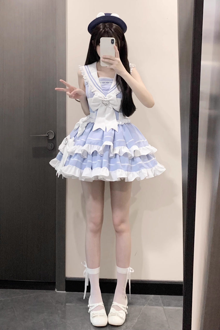 Light Blue Sleeveless Double Layer Lace Sweet Lolita Dress - Ruffled Bowknot