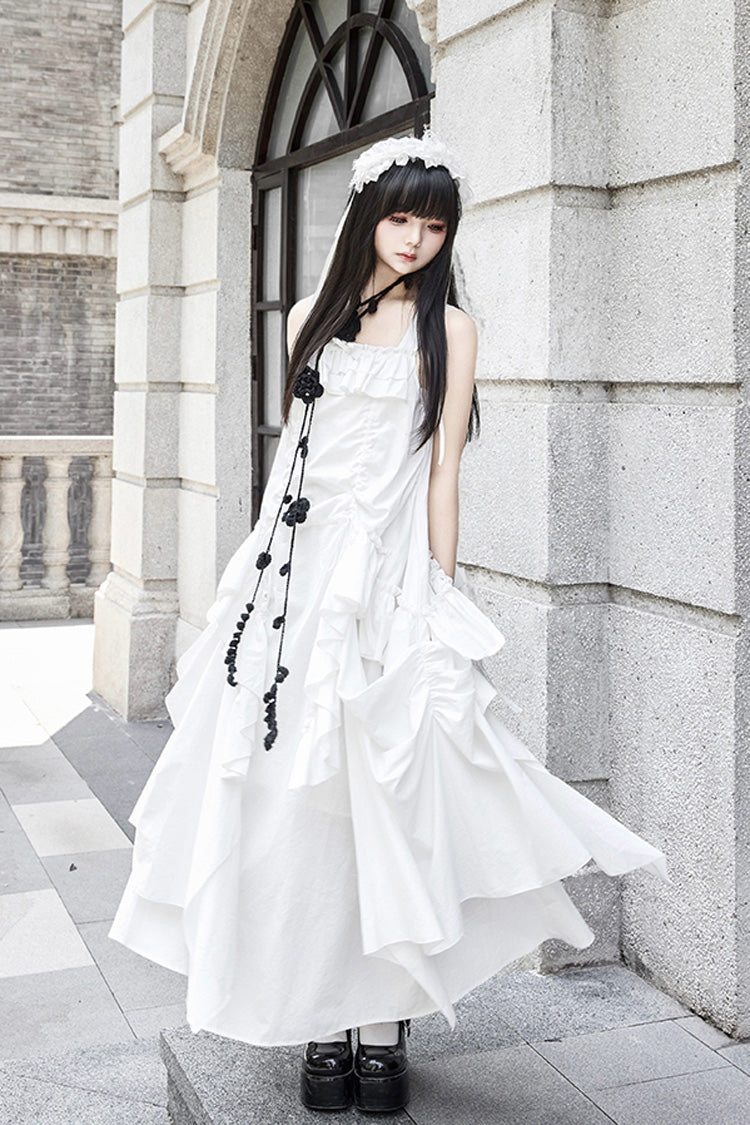 Ivory Gothic Strap Dress with Sleeveless Ruffles - Dream
