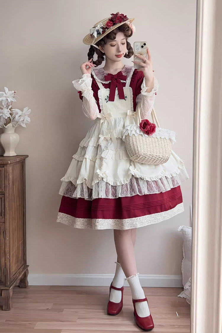 Lapel Collar Long Sleeve Embroidery Bow Lace Sweet Lolita Dress - Red