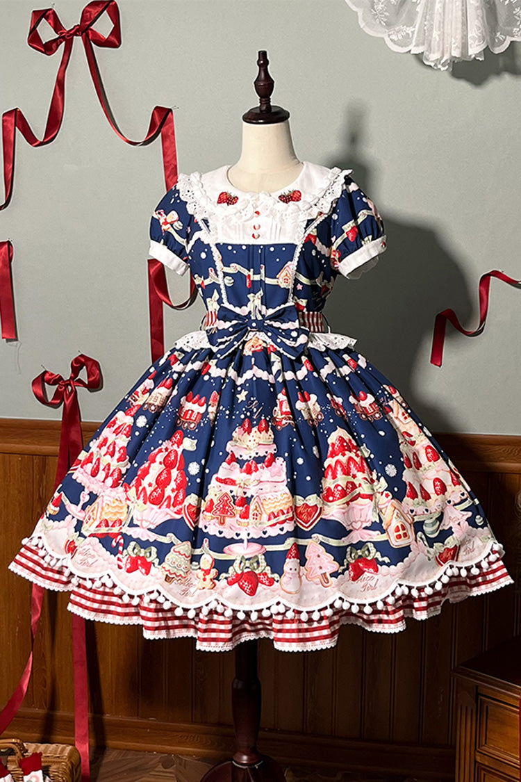 Mint Strawberry Dessert Printed Sweet Lolita Dress - Doll Collar Short Sleeved