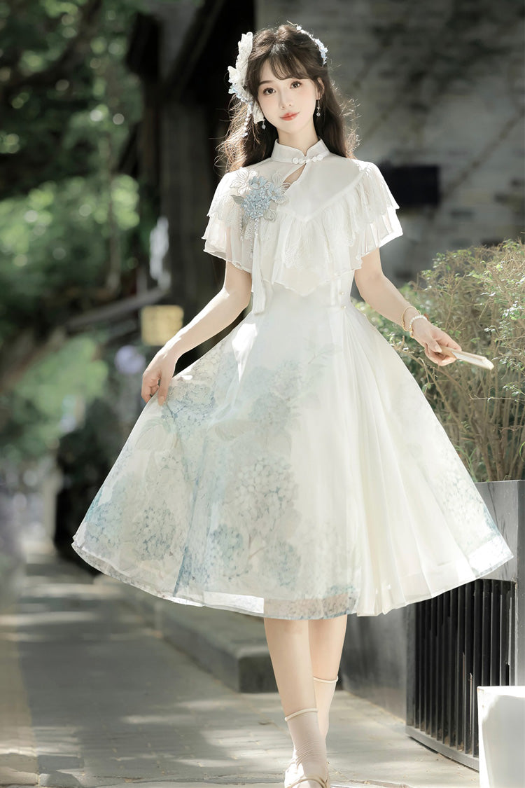 Ivory Print Ruffle Lace Chinese Elegant Short Dress