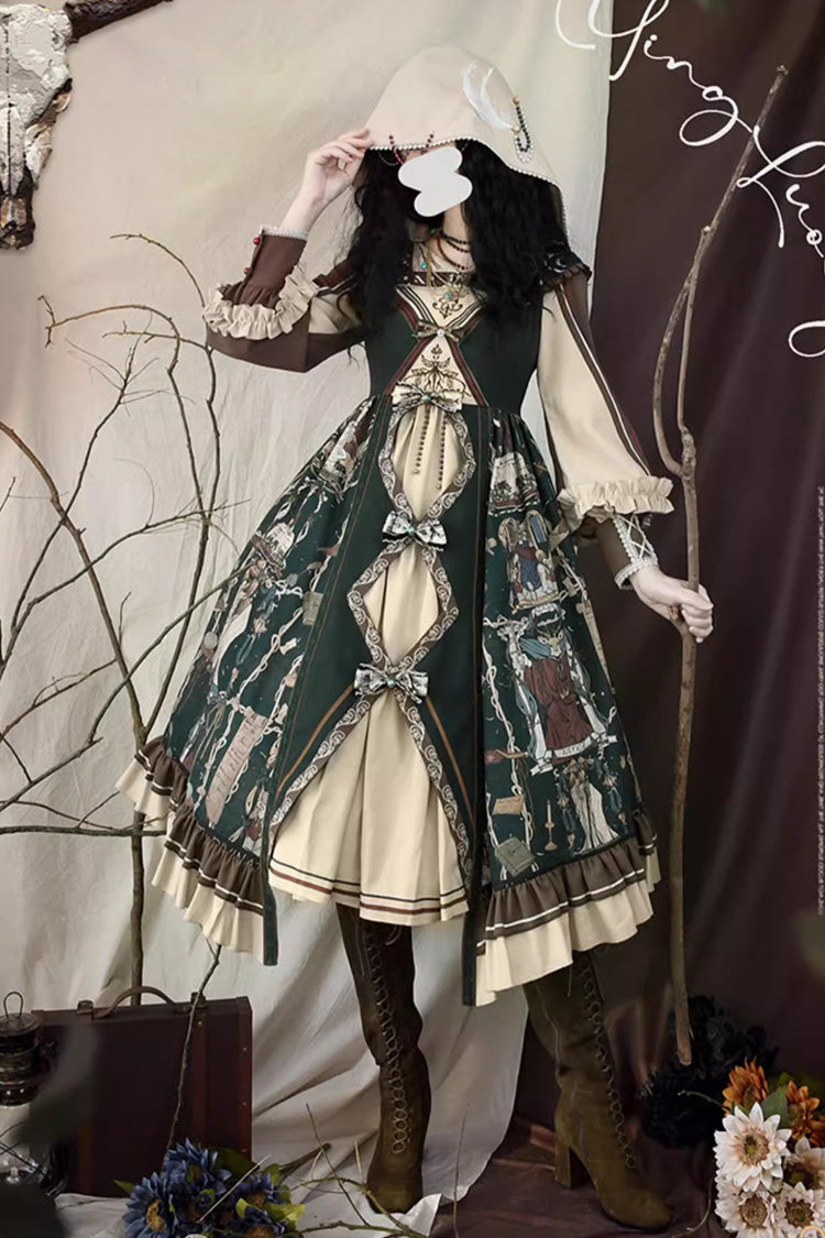 Tarot Print Puff-Sleeved Lolita Dress with Ruffles & Bow